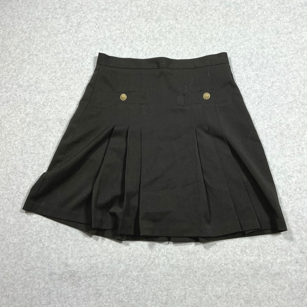 LOFT Black Pleated Mini Skirt Gold Crest Buttons Preppy Academic Size 0